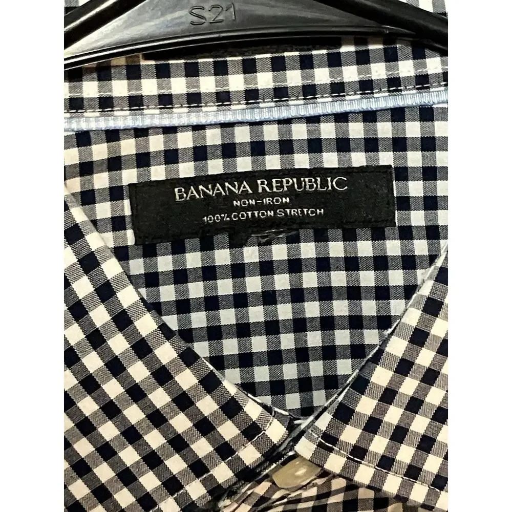 Banana Republic Non-Iron Black White Gingham Button Up Shirt Men M Slim Wedding